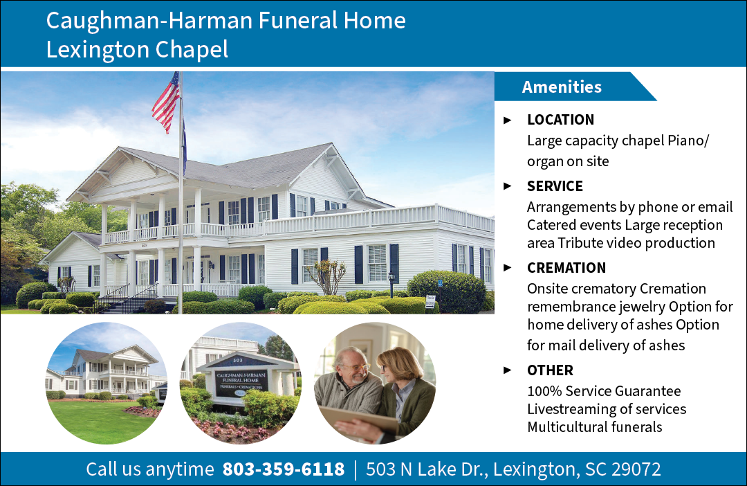 A flyer for Caughman-Hammon Funeral Home in Lexington Chapel. Description generated by AI