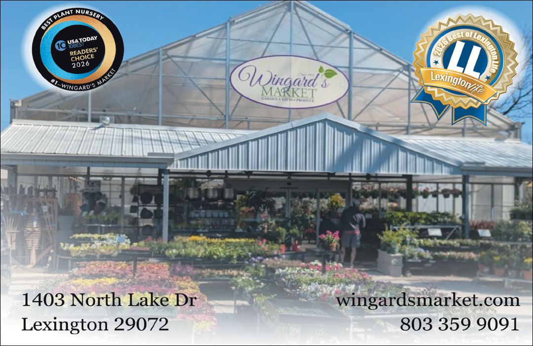 A greenhouse with a sign that says “Wingard's Market". Description generated by AI