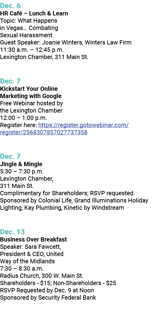 Dec. 6 HR Caf – Lunch & Learn Topic: What Happens in Vegas… Combating Sexual Harassment Guest Speaker: Joanie Winter...