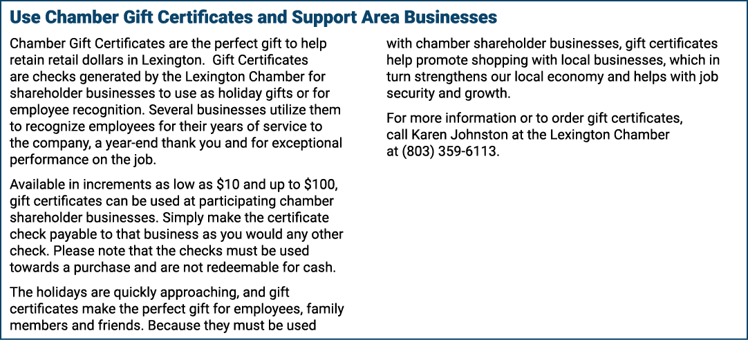 Use Chamber Gift Certificates and Support Area Businesses Chamber Gift Certificates are the perfect gift to help reta...