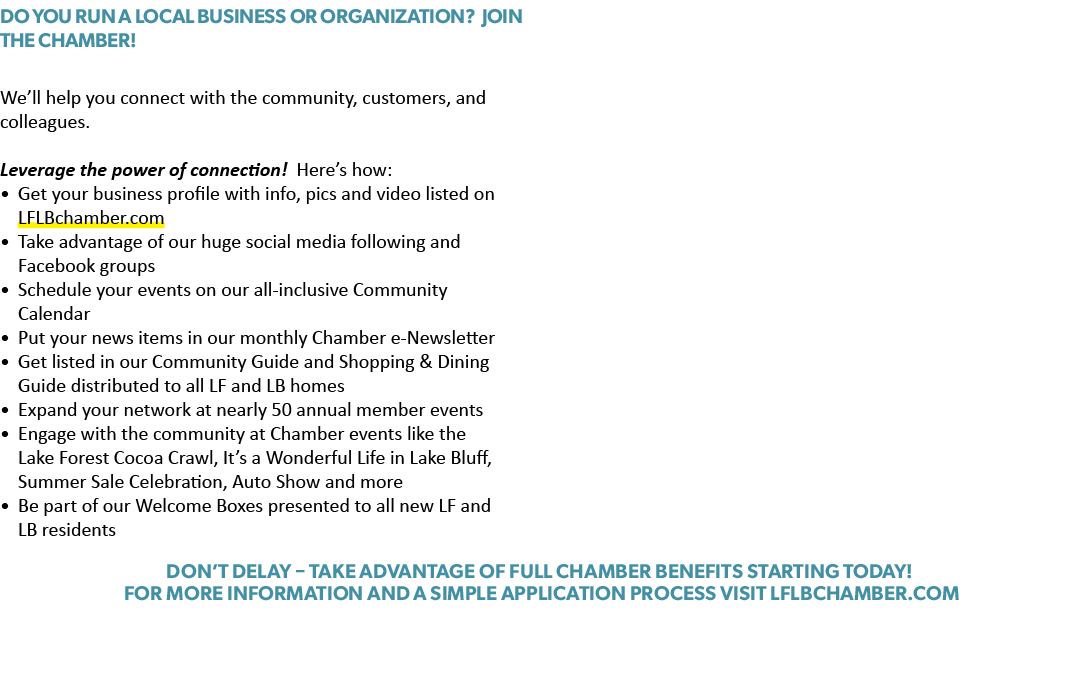DO YOU RUN A LOCAL BUSINESS OR ORGANIZATION? JOIN THE CHAMBER! We’ll help you connect with the community, customers, ...
