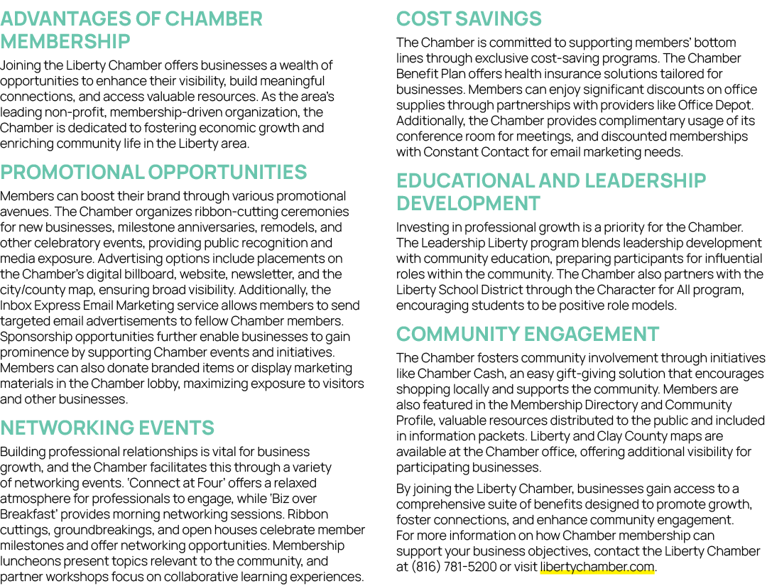 Advantages of Chamber Membership ​Joining the Liberty Chamber offers businesses a wealth of opportunities to enhance ...