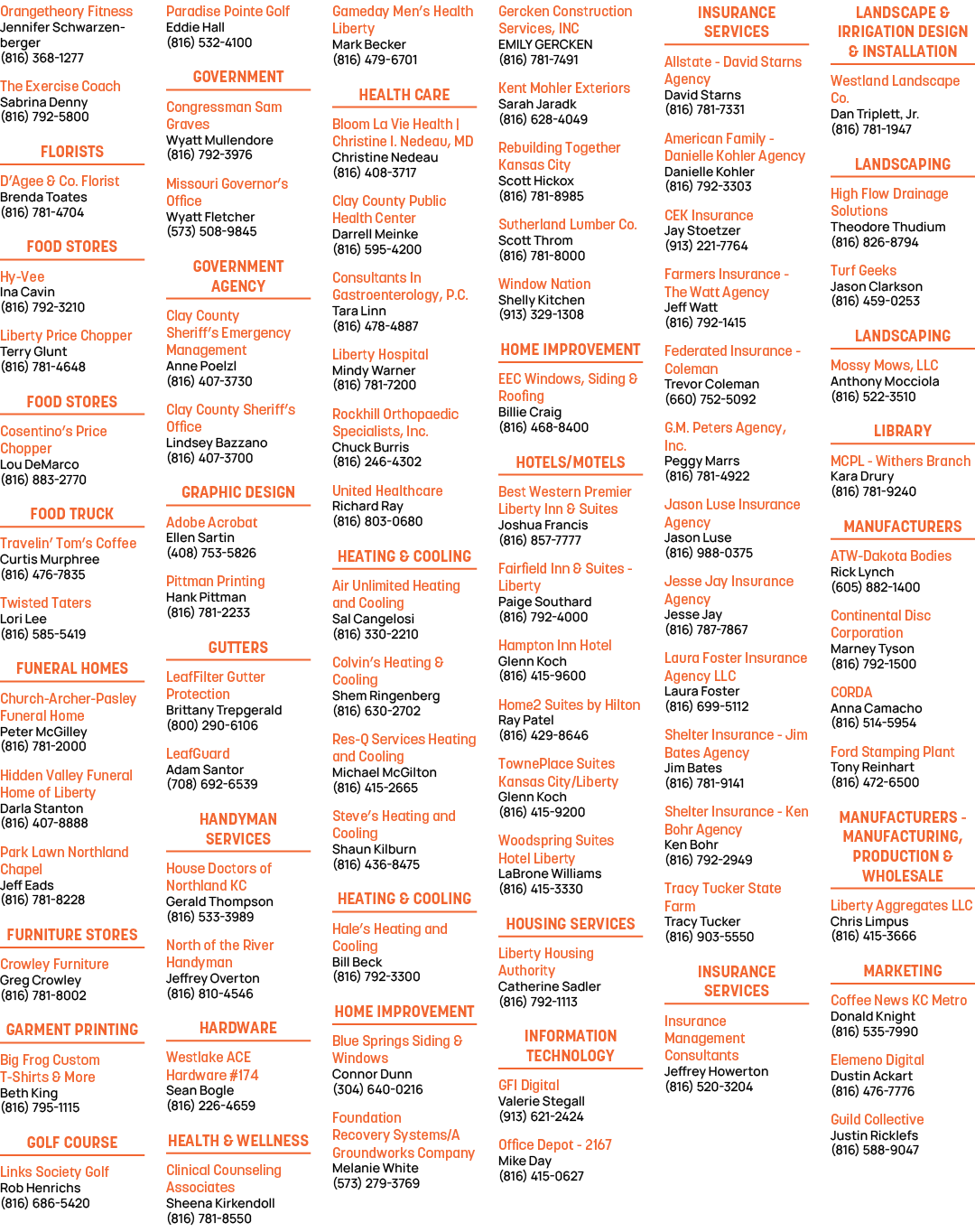 Orangetheory Fitness Jennifer Schwarzenberger (816) 368 1277 The Exercise Coach Sabrina Denny (816) 792 5800 Florists...