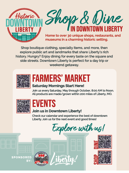 A flyer advertising a shop and dine event in downtown liberty. Description generated by AI