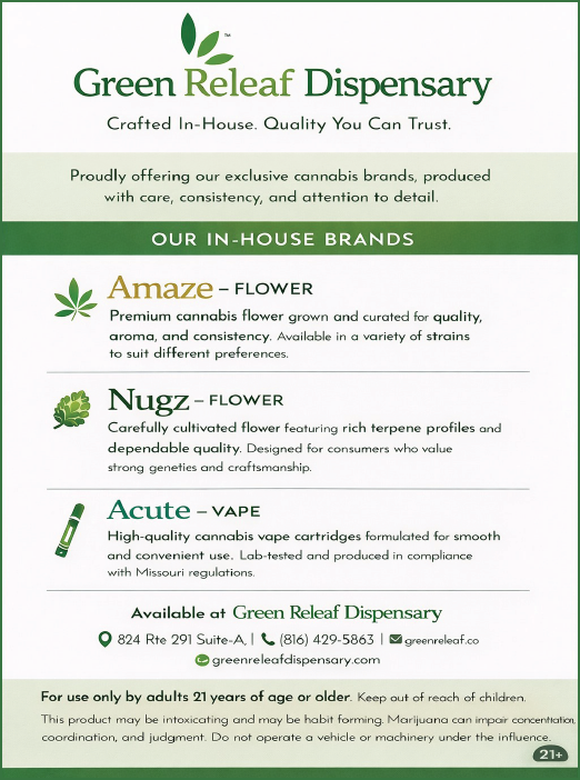 Green Relief Dispensary offers a variety of marijuana products. Description generated by AI