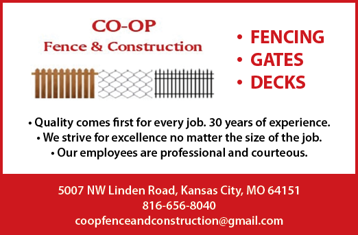 A red sign with white lettering that says “Co-op Fence & Construction". Description generated by AI