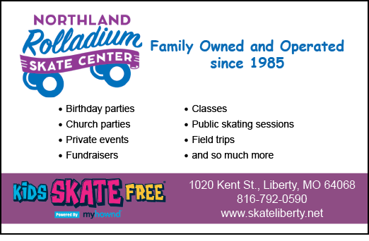A purple and pink advertisement for a roller skating center. Description generated by AI