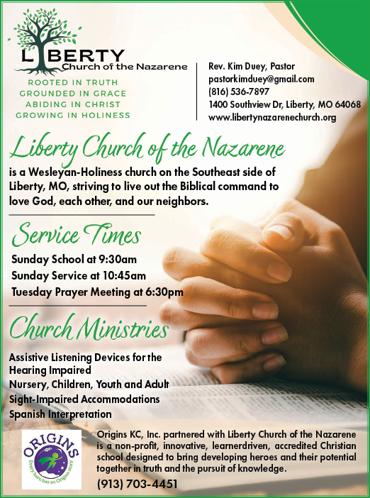 A flyer for the Liberty Church of the Nazarene. Description generated by AI