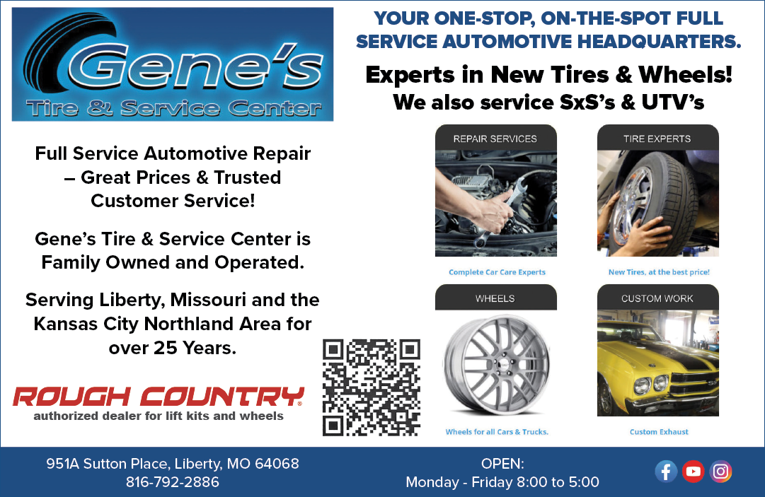 A flyer for Gene's Tire & Service Center. Description generated by AI