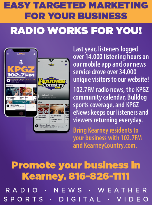 A purple advertisement for radio works. Description generated by AI
