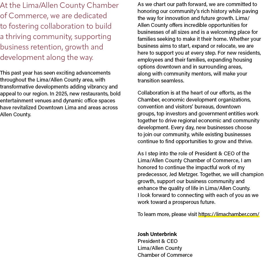 At the Lima/Allen County Chamber of Commerce, we are dedicated to fostering collaboration to build a thriving communi...
