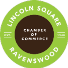 A green and brown circle with the word “Lincoln Square Chamber of Commerce" written in white. Description generated by AI