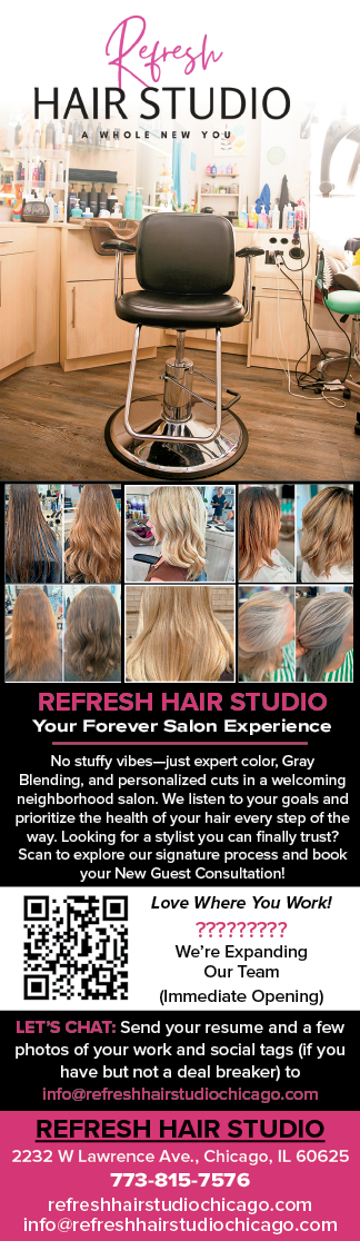 A white and black sign that says Refresh Hair Studio. Description generated by AI