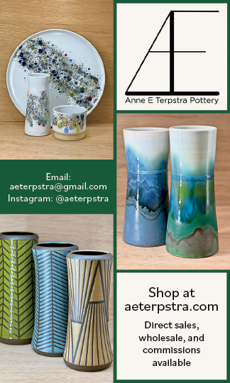 A green, blue, and white vase on a table. Description generated by AI