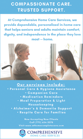 A blue and white flyer for Comprehensive Home Care Services. Description generated by AI