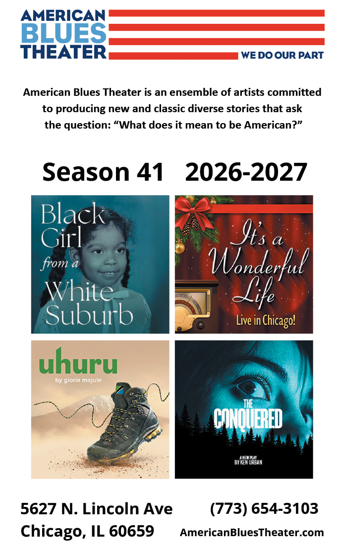 A flyer for American Blues Theater. Description generated by AI