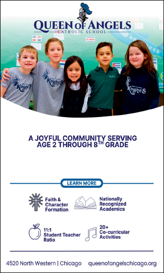 A poster with the words Queen of Angels School on it. Description generated by AI