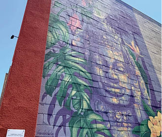A purple wall with a mural of a face and flowers. Description generated by AI