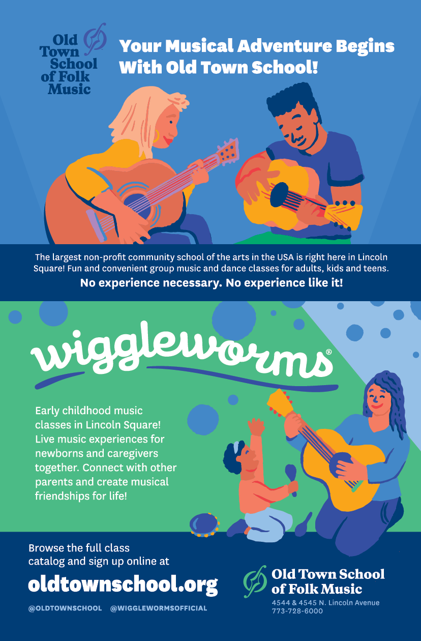 A green and blue poster advertising a musical adventure with the Old Town School of Folk Music. Description generated by AI