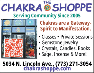 A flyer for a store called the Chakra Shop. Description generated by AI