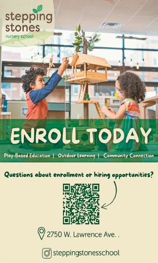 A flyer for a school with a picture of children playing with blocks. Description generated by AI