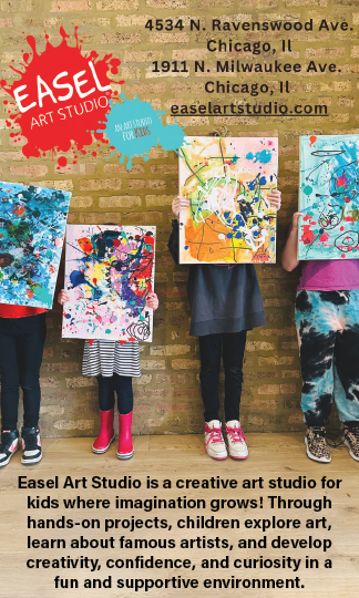 Four children stand against a brick wall holding colorful abstract paintings that cover their faces, with text promoting Easel Art Studio and its creative art programs for kids. Description generated by AI