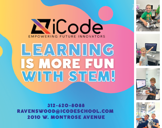 A colorful promotional graphic for iCode encouraging learning with STEM features children smiling and engaging with robotics and computers in a classroom setting. Description generated by AI