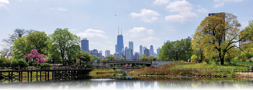A large body of water reflects the skyline of a city. Description generated by AI
