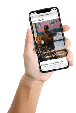 Woman holding blank smartphone and check e-mail or message, drinking coffee, copy space