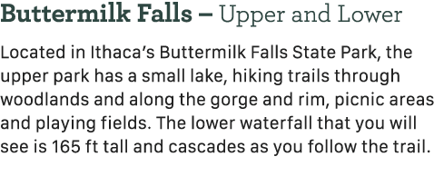 Buttermilk Falls – Upper and Lower Located in Ithaca’s Buttermilk Falls State Park, the upper park has a small lake, ...