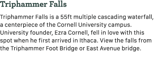 Triphammer Falls Triphammer Falls is a 55ft multiple cascading waterfall, a centerpiece of the Cornell University cam...