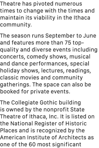 Theatre has pivoted numerous times to change with the times and maintain its viability in the Ithaca community. The s...