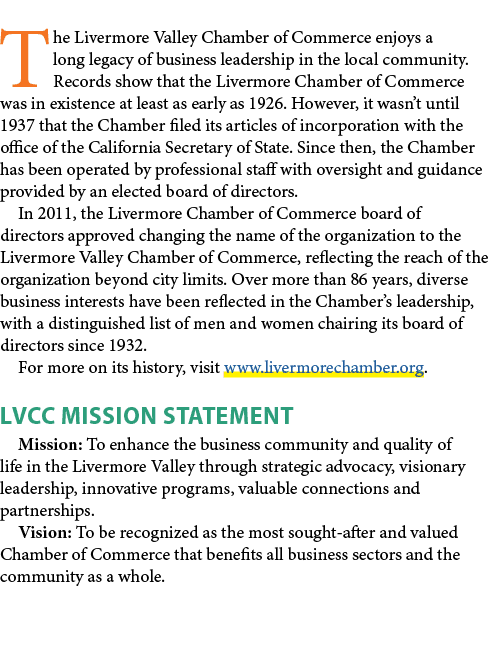 The Livermore Valley Chamber of Commerce enjoys a long legacy of business leadership in the local community. Records ...