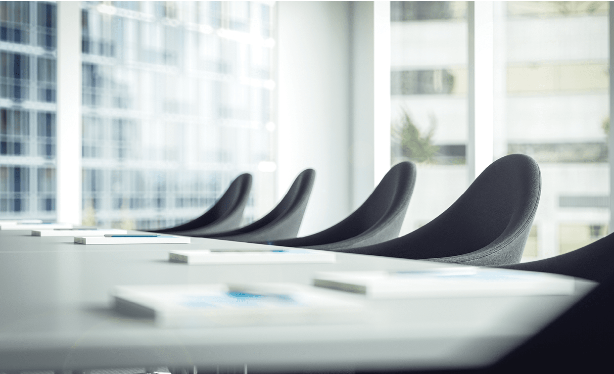3D rendering of table and chairs or armchairs for participants of management level and leadership at meeting in Conference Room of office building in front of bright window