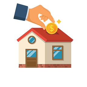 Man invests money in the house. Home is like a piggy bank. Vector illustration flat design. Isolated on white background. Coin in hand for the purchase of real estate. Construction financing.