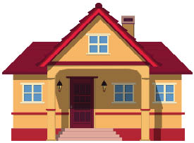 Colored one-story house with porch and canopy isolated on white background. Vector clipart.
