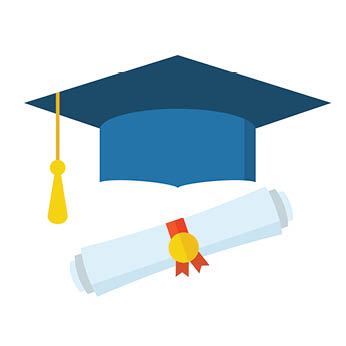 Graduation hat and diploma scroll flat design icon. Graduation celebration cap web cartoon icon. Isolated vector graduation student hat