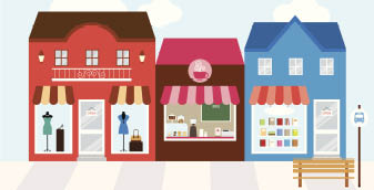 Vector illustration of strip mall shopping center. Each store is individually grouped and can be separated easily. Window display can be easily edited if you want to add merchandise to display. No gradient used.