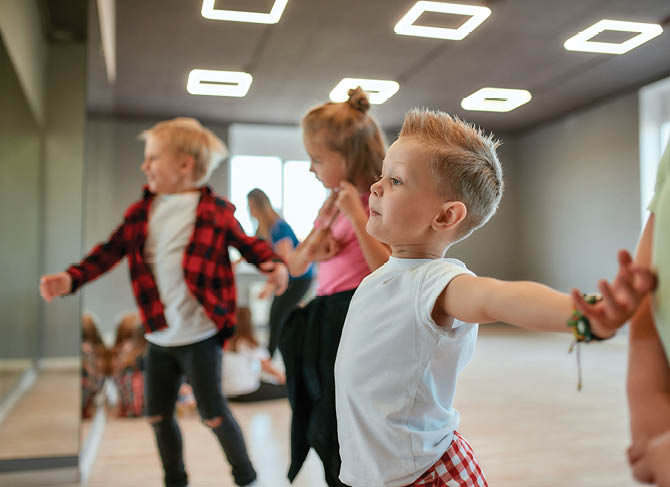 Modern dancers. Group of fashionable children learning a modern dance while having a choreography class. Dance studio. Hip hop style. Sport concept