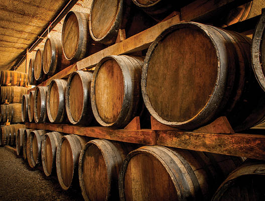 Wine barrels stacked in the old cellar of the winery.