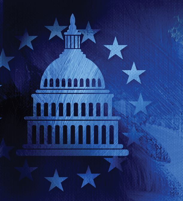 Graphic illustration of iconic American Capitol dome and simple ring of stars on abstract oil paint background  Conceptual graphic for political themed usage 