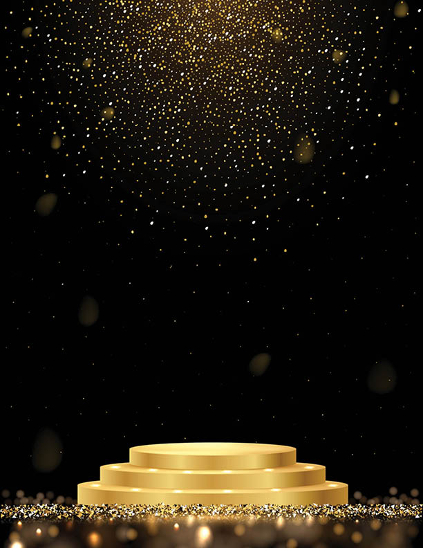 Golden award round podium with shiny glitter and sparkles isolated on dark background  Vector realistic illustration of symbol of victory, achievement of success, rewarding of winner