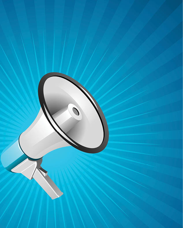 Vector illustration of modern loud megaphone for making announcements and spreading news during public events depicted on blue background with rays