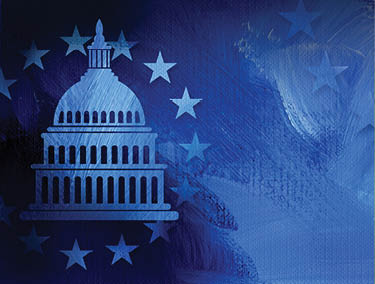 Graphic illustration of iconic American Capitol dome and simple ring of stars on abstract oil paint background  Conceptual graphic for political themed usage 