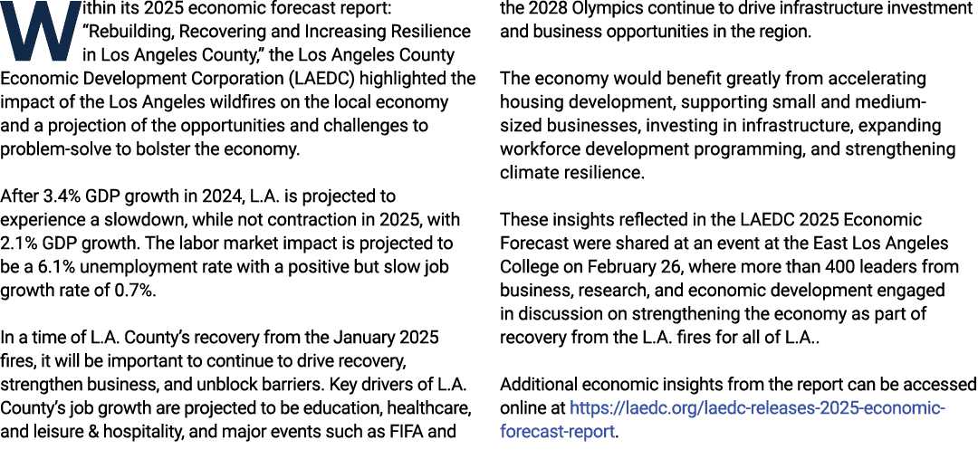 Within its 2025 economic forecast report: “Rebuilding, Recovering and Increasing Resilience in Los Angeles County,” t...