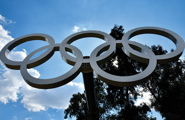 Athens, Greece - September 23, 2024: Olympic Rings in old Panathenaic Stadium aka Kalimarmaro