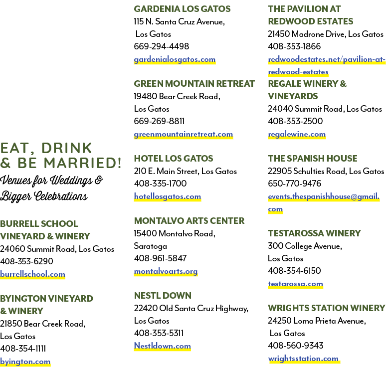  Eat, Drink & Be Married! Venues for Weddings & Bigger Celebrations Burrell School Vineyard & Winery 24060 Summit Roa...