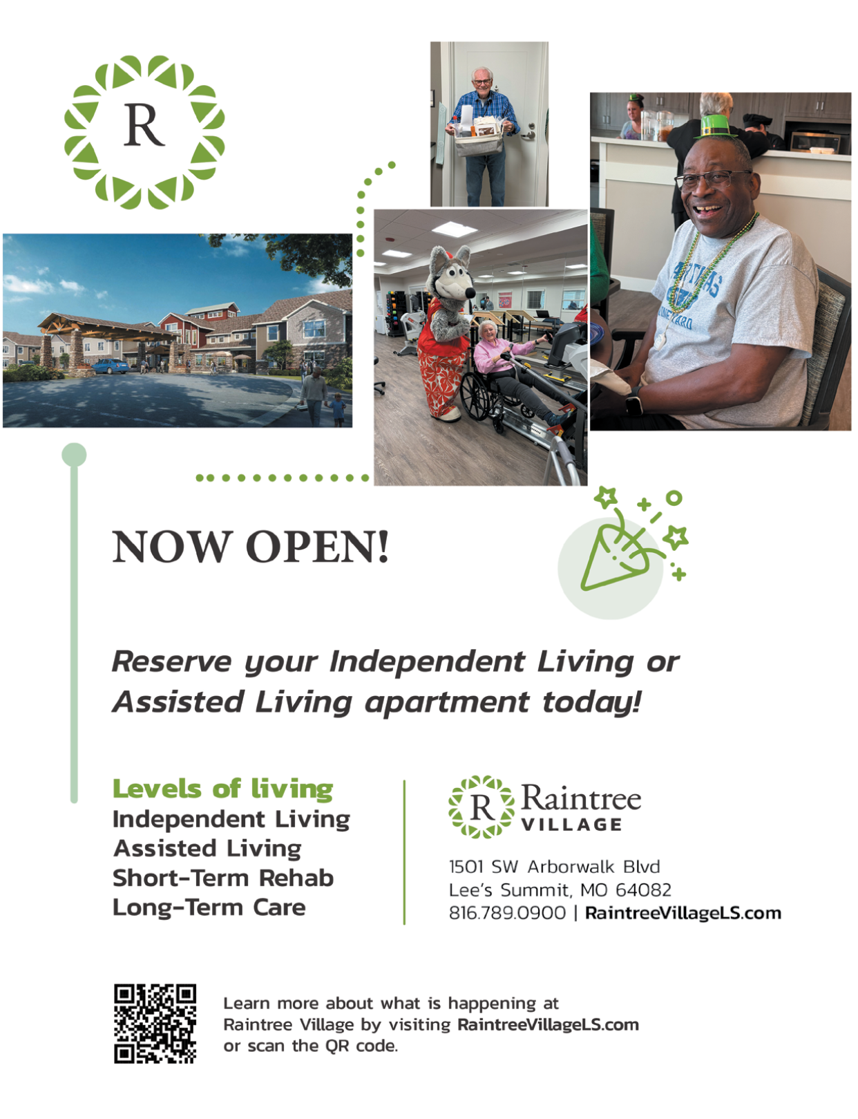 A flyer advertises a new apartment complex with a photo of a smiling man and a dog. The flyer also includes a photo of a woman and a child. The text on the flyer reads “Now Open! Reserve your Independent Living or Assisted Living Apartment Today! Levels of Independent Living. Long-Term Care. Learn more about what's happening at RainTree Village." AI generated content