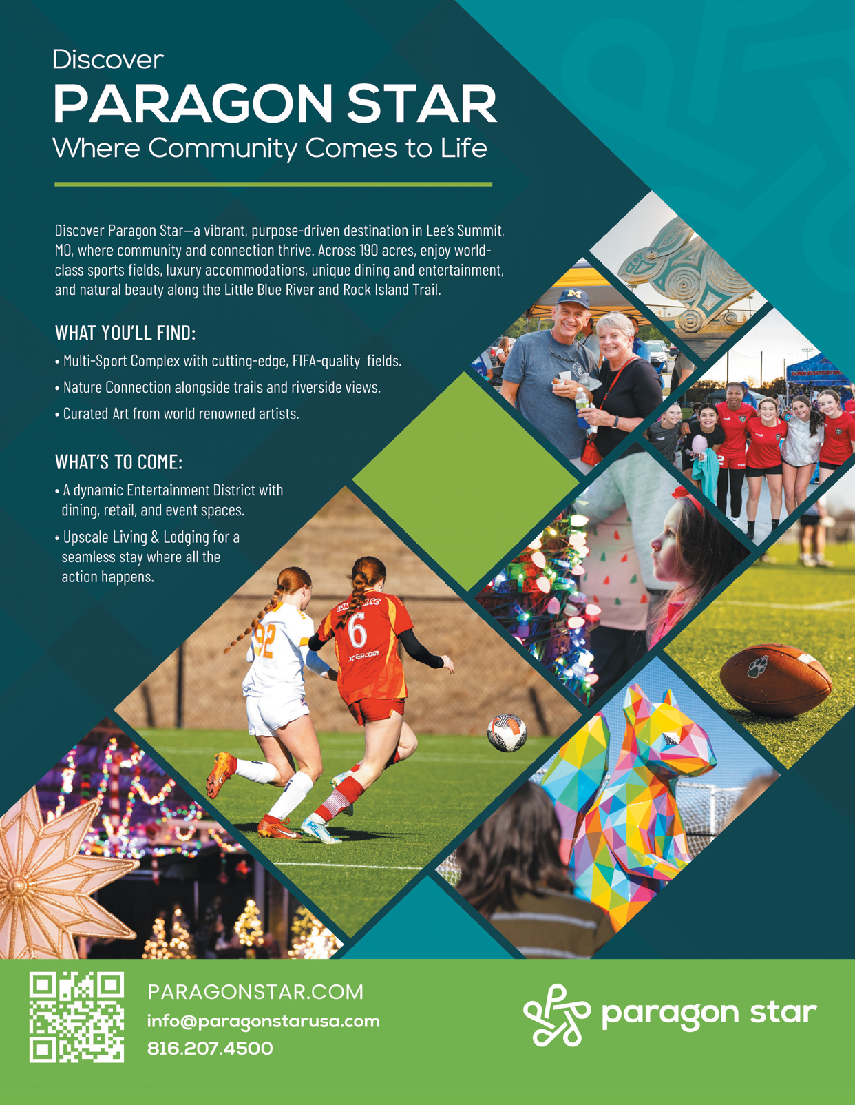 A flyer for Paragon Star features a soccer player in action, a football player, and a woman in a red shirt. The flyer is advertising Paragon Star as a place to have fun, enjoy sports, and socialize. AI generated content