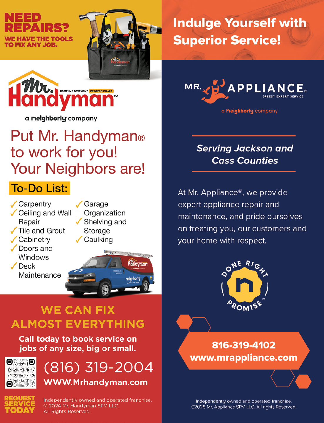 A flyer advertises a repair service for appliances, including refrigerators, and a handyman service. The flyer is for a company called M. Handyman and Appliance Repair. AI generated content